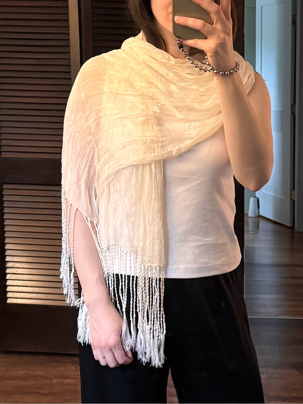 Giorgio Armani Cream Lightweight Fringe Scarf